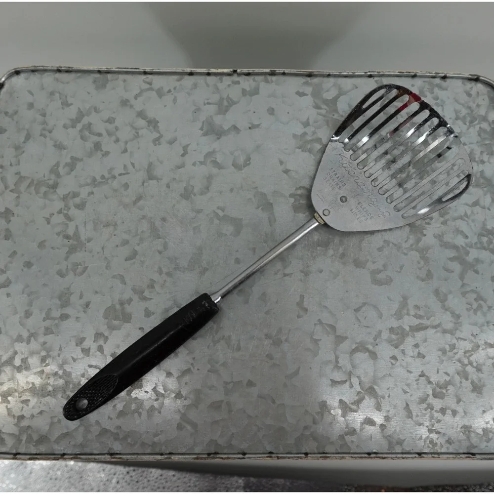 Vintage Ekco Kitchamajig‎ Slotted Spatula Strainer Black Handle Chromium Plated